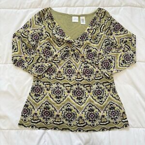 Vintage 90s Blouse 3/4 Sleeve Beaded V-neck Green Boho Hippie Feminine Dainty